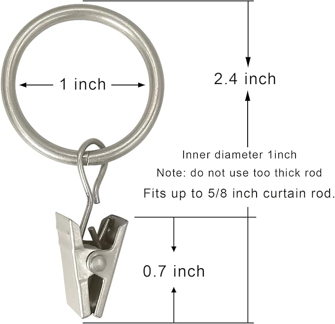 100 Pack Matte Silver Curtain Rings with Clips, Curtain Hooks Hangers Clip Rings for Hanging Drapes Bows Hat, Drapery Rings 1 in I D, Fits up to 5/8 in Diameter Curtain Rod.