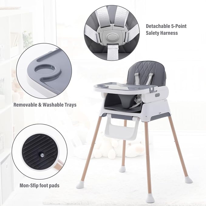 3 in 1 Baby High Chair,Adjustable Convertible Infant Baby Feeding Chair Booster for Eating with Detachable Double Tray,5 Point Harness,Deep Gray