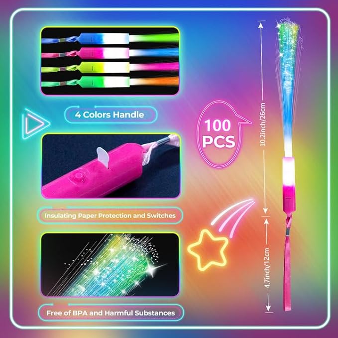 100 PCS Glow Fiber Wands Sticks,LED Light Wands,Glow in The Dark Party Supplies,Fiber Optic Wands,LED Flashing Sticks,Fiber Optic Light Wand Stick for Party,Wedding,New Year Party Favors