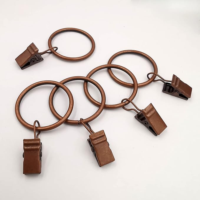 100 Pack Antique Copper Curtain Rings with Clips, Curtain Hooks Hangers Clip Rings for Hanging Drapes Bows Hat, Drapery Rings 1.26 in I D, Fits up to 1 in Diameter Curtain Rod.