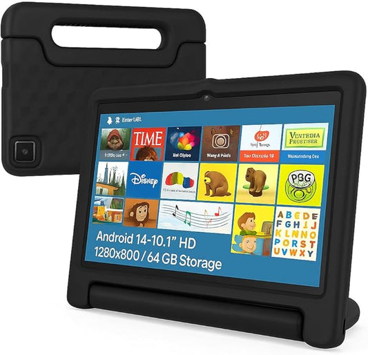 10.1 Inch Kids Tablet with Shockproof Case | Android 14, 64GB+8GB RAM, 12H Battery | Parental Control, Google Kids Space & Preloaded Educational Apps | WiFi 6, HD Display, Ages 3-12