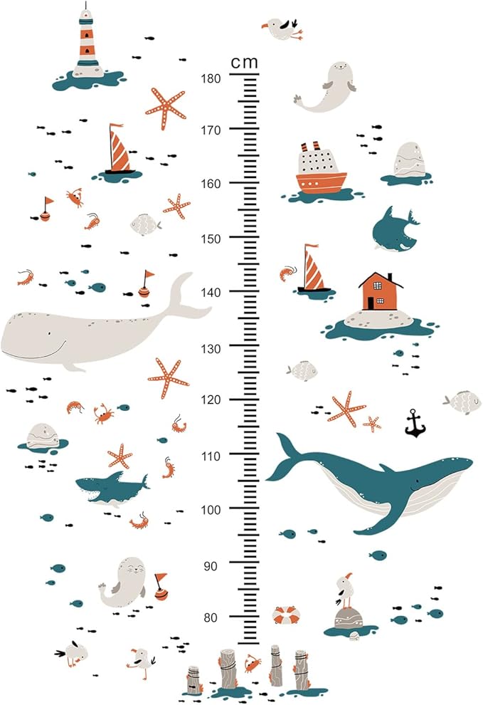 3D Cartoon Height Growth Chart for Kids Wall Decal Removable DIY Whale Ocean Animal Wall Decal Peel and Stick Sailing House Art Decor for Kids Nursery Bedroom Living Room Bathroom Decor