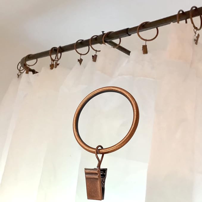 100 Pack Antique Copper Curtain Rings with Clips, Curtain Hooks Hangers Clip Rings for Hanging Drapes Bows Hat, Drapery Rings 1.5 in I D, Fits up to 1.2 in Diameter Curtain Rod.