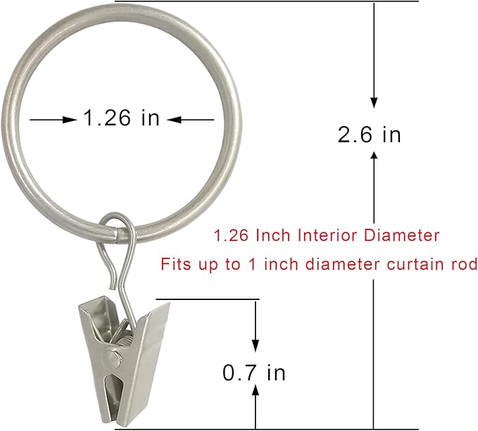 100 Pack Matte Silver Curtain Rings with Clips, Curtain Hooks Hangers Clip Rings for Hanging Drapes Bows Hat, Drapery Rings 1.26 in I D, Fits up to 1 in Diameter Curtain Rod.