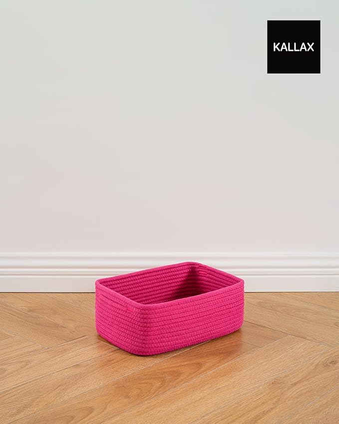 KALLAX Small Woven Basket, 12 x 8 x 4.5 Inches, Storage Basket for Organizing, Cute Small Rope Shelf Closet Cube Storage Bins Baskets for Shelves, Dog Toy Gift Baskets Empty, 3 Packs, Hot Pink