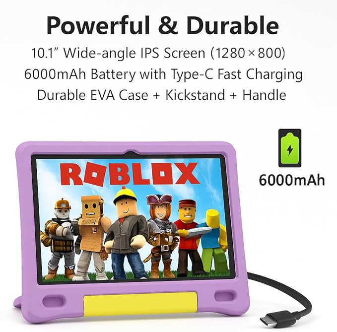 10.1 Inch Kids Tablet with Shockproof Case | Android 14, 64GB+8GB RAM, 12H Battery | Parental Control, Google Kids Space & Preloaded Educational Apps | WiFi 6, HD Display, Ages 3-12