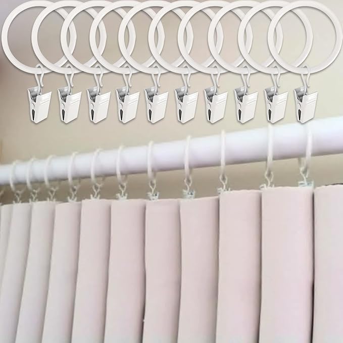 100 Pack White Curtain Rings with Clips, Curtain Hooks Hangers Clip Rings for Hanging Drapes Bows Hat, Drapery Rings 1.5 in I D, Fits up to 1.2 in Diameter Curtain Rod.