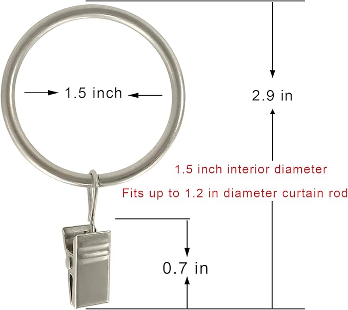 100 Pack Matte Silver Curtain Rings with Clips, Curtain Hooks Hangers Clip Rings for Hanging Drapes Bows Hat, Drapery Rings 1.5 in I D, Fits up to 1.2 in Diameter Curtain Rod.