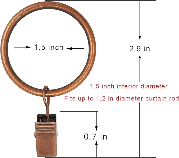 100 Pack Antique Copper Curtain Rings with Clips, Curtain Hooks Hangers Clip Rings for Hanging Drapes Bows Hat, Drapery Rings 1.5 in I D, Fits up to 1.2 in Diameter Curtain Rod.