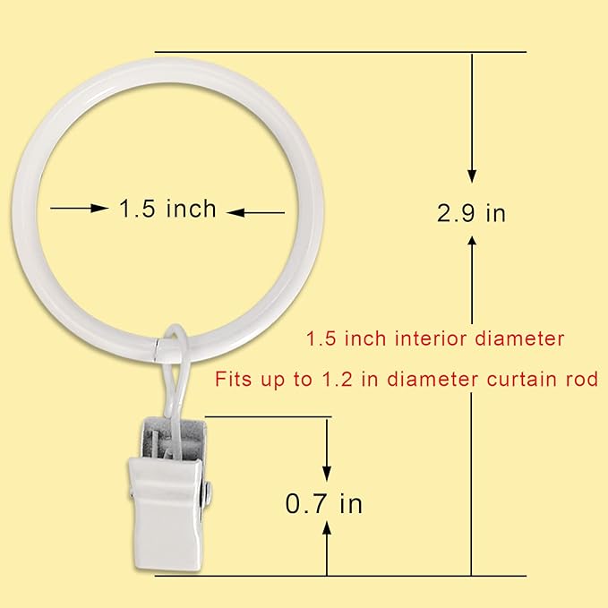 100 Pack White Curtain Rings with Clips, Curtain Hooks Hangers Clip Rings for Hanging Drapes Bows Hat, Drapery Rings 1.5 in I D, Fits up to 1.2 in Diameter Curtain Rod.