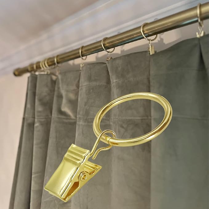 100 Pack Gold Curtain Rings with Clips, Curtain Hooks Hangers Clip Rings for Hanging Drapes Bows Hat, Drapery Rings 1 in I D, Fits up to 5/8 in Diameter Curtain Rod.