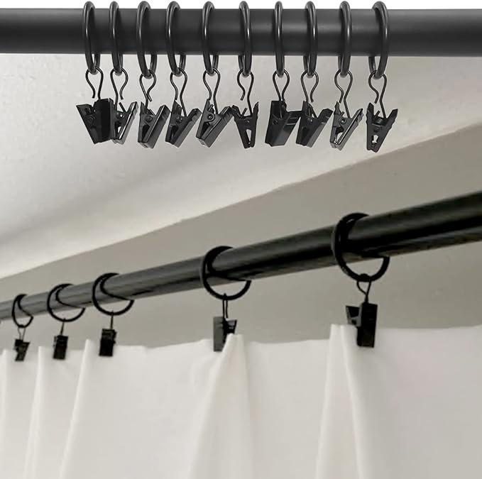 100 Pack Black Curtain Rings with Clips, Curtain Hooks Hangers Clip Rings for Hanging Drapes Bows Hat, Drapery Rings 1 in I D, Fits up to 5/8 in Diameter Curtain Rod.