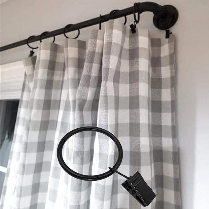 100 Pack Black Curtain Rings with Clips, Curtain Hooks Hangers Clip Rings for Hanging Drapes Bows Hat, Drapery Rings 1.5 in I D, Fits up to 1.2 in Diameter Curtain Rod.