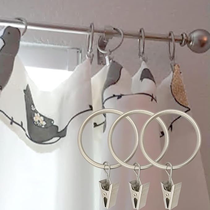 100 Pack Matte Silver Curtain Rings with Clips, Curtain Hooks Hangers Clip Rings for Hanging Drapes Bows Hat, Drapery Rings 1.5 in I D, Fits up to 1.2 in Diameter Curtain Rod.