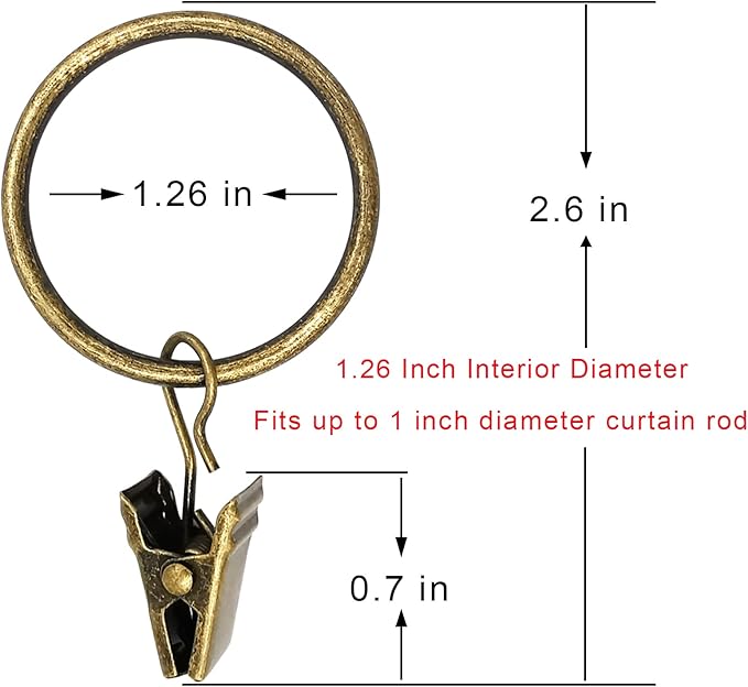 100 Pack Bronze Curtain Rings with Clips, Curtain Hooks Hangers Clip Rings for Hanging Drapes Bows Hat, Drapery Rings 1.26 in I D, Fits up to 1 in Diameter Curtain Rod.