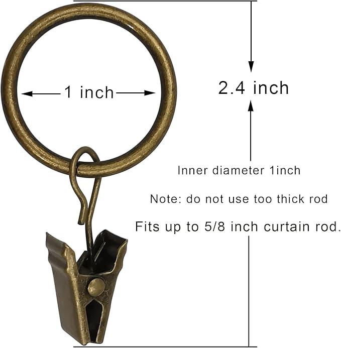 100 Pack Bronze Curtain Rings with Clips, Curtain Hooks Hangers Clip Rings for Hanging Drapes Bows Hat, Drapery Rings 1 in I D, Fits up to 5/8 in Diameter Curtain Rod.