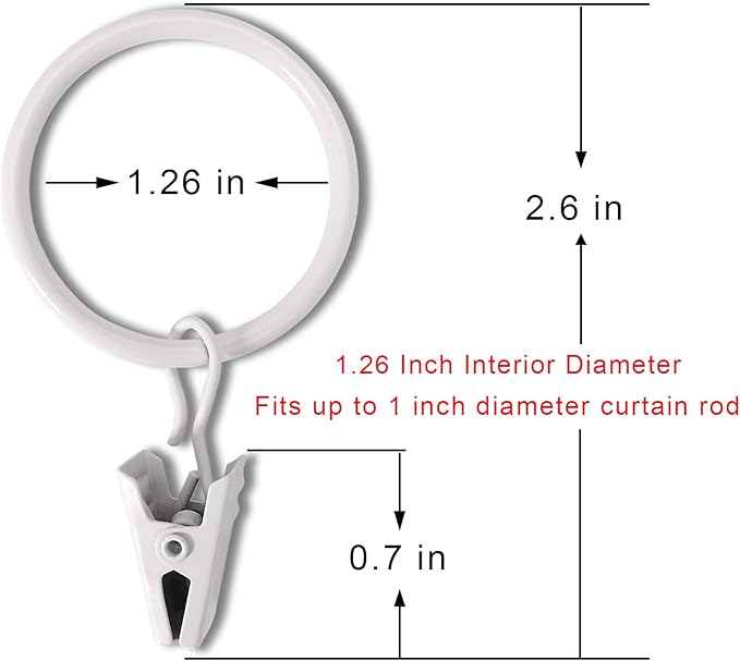 100 Pack White Curtain Rings with Clips, Curtain Hooks Hangers Clip Rings for Hanging Drapes Bows Hat, Drapery Rings 1.26 in I D, Fits up to 1 in Diameter Curtain Rod.
