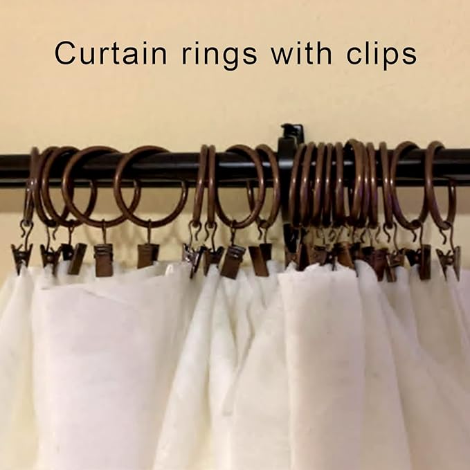 100 Pack Antique Copper Curtain Rings with Clips, Curtain Hooks Hangers Clip Rings for Hanging Drapes Bows Hat, Drapery Rings 1.5 in I D, Fits up to 1.2 in Diameter Curtain Rod.
