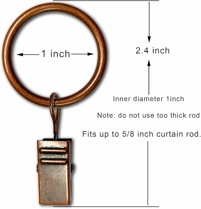 100 Pack Antique Copper Curtain Rings with Clips, Curtain Hooks Hangers Clip Rings for Hanging Drapes Bows Hat, Drapery Rings 1 in I D, Fits up to 5/8 in Diameter Curtain Rod.