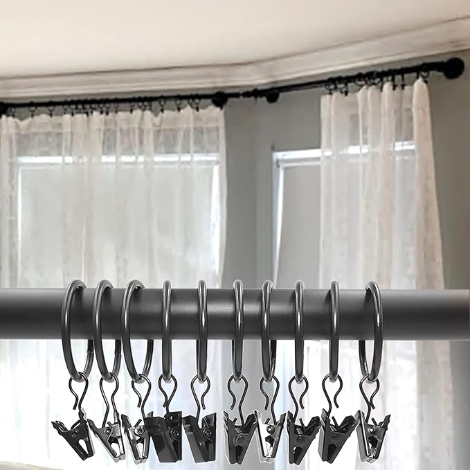 100 Pack Black Curtain Rings with Clips, Curtain Hooks Hangers Clip Rings for Hanging Drapes Bows Hat, Drapery Rings 1.26 in I D, Fits up to 1 in Diameter Curtain Rod.