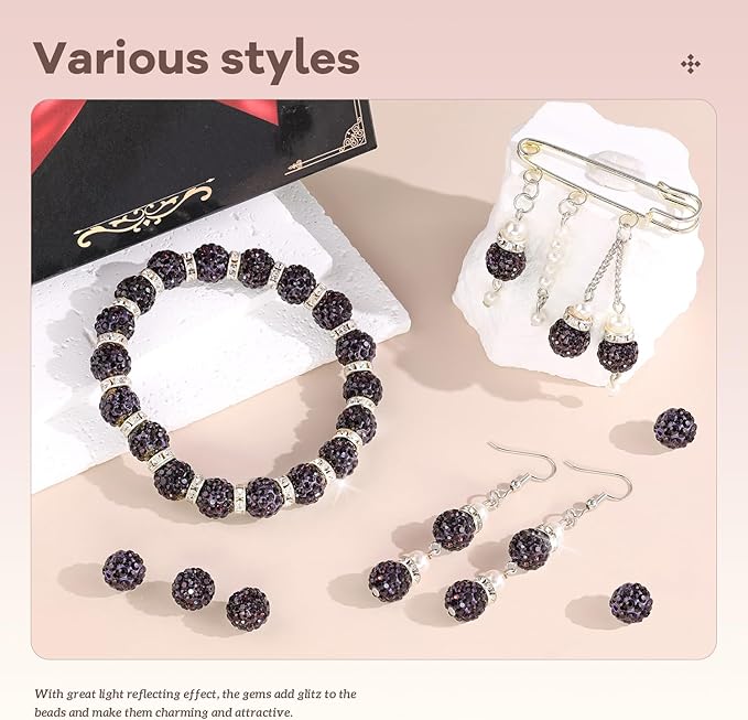 105pcs 10mm Rhinestone Beads for Jewelry Making, Dark Purple Shiny Round Disco Ball Beads Bulk, Sparkle Crystal Clay Christmas for Bracelet Baseball Necklace Earring Crafting and DIY