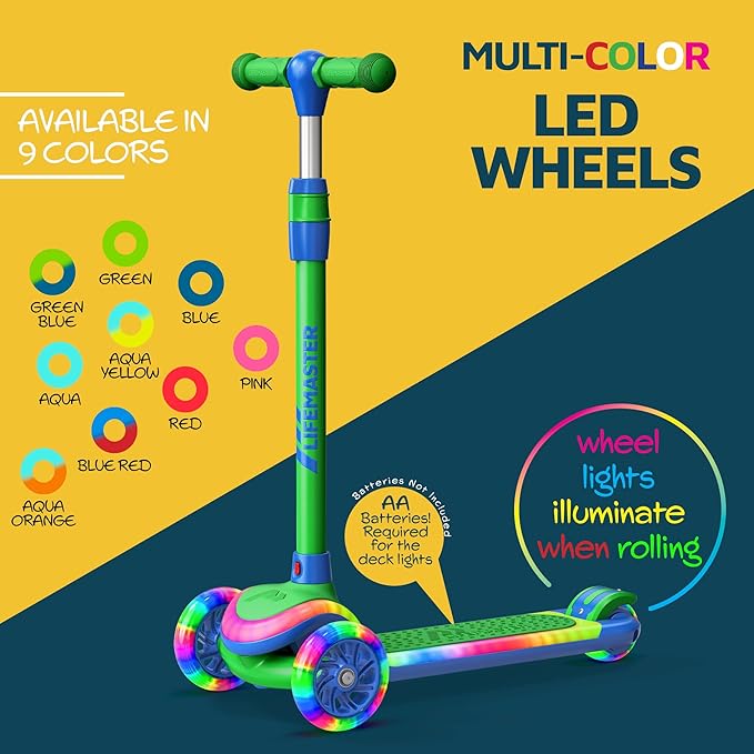 3-Wheel Kids Scooter with Multi-Color Lights on Deck & Wheels – 5-Height Adjustable Handlebar, Wide Anti-Slip Deck, Child Safety Certified, Boys & Girls Ages 3+ Supports Up to 150 lbs
