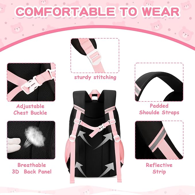 Kids Backpack for Girls School Bags for Middle School Students Book Bag for Elementary Primary Kawaii Ita Backpack, Black and Pink