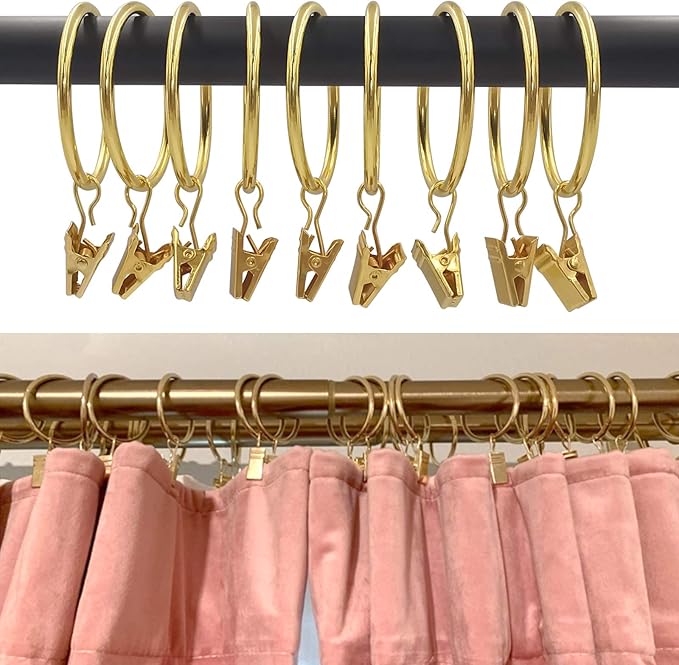 20 Pack Gold Curtain Rings with Clips, Curtain Hooks Hangers Clip Rings for Hanging Drapes Bows Hat, Drapery Rings 1.77 in I D, Fits up to 1.5 in Diameter Curtain Rod.
