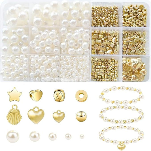 1000Pcs Pearl Beads for Bracelets Making, Pearl Beads for Jewelry Making for Adults, Silver Bracelet Beads DIY Kit, Silver Spacer Beads for Bracelets, Girls Friendship Bracelet Making Kit (Golden)