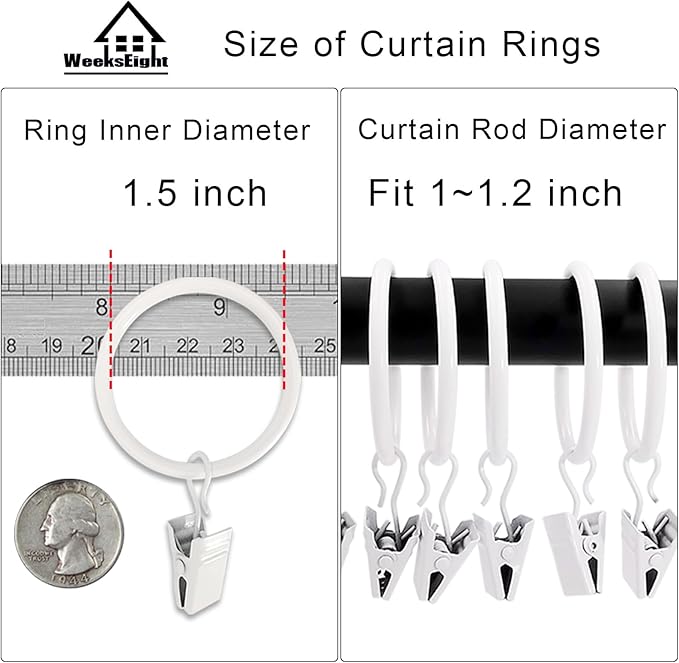 100 Pack White Curtain Rings with Clips, Curtain Hooks Hangers Clip Rings for Hanging Drapes Bows Hat, Drapery Rings 1.5 in I D, Fits up to 1.2 in Diameter Curtain Rod.