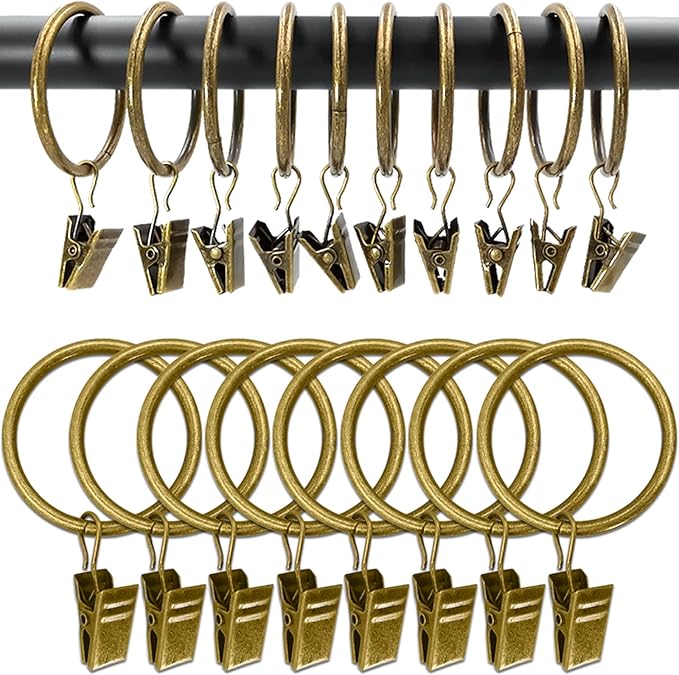 100 Pack Bronze Curtain Rings with Clips, Curtain Hooks Hangers Clip Rings for Hanging Drapes Bows Hat, Drapery Rings 1.5 in I D, Fits up to 1.2 in Diameter Curtain Rod.