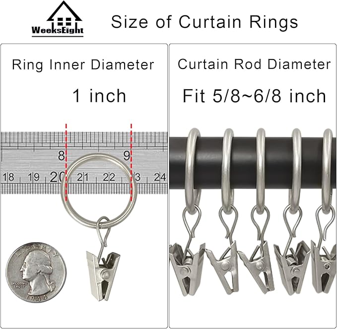 100 Pack Matte Silver Curtain Rings with Clips, Curtain Hooks Hangers Clip Rings for Hanging Drapes Bows Hat, Drapery Rings 1 in I D, Fits up to 5/8 in Diameter Curtain Rod.