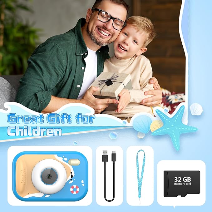 Kids Camera Waterproof, IP68 Underwater Camera for Kids Aged 3-12, HD Kids Digital Camera with 1080P Video Recording, Durable ABS Material, Pool Toys for Boys Girls with 32GB Card(Blue)