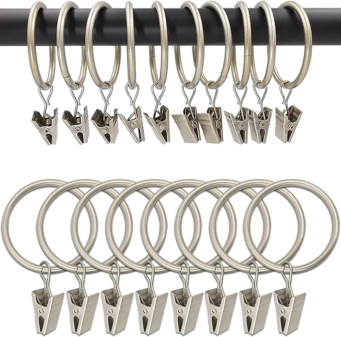 100 Pack Matte Silver Curtain Rings with Clips, Curtain Hooks Hangers Clip Rings for Hanging Drapes Bows Hat, Drapery Rings 1.5 in I D, Fits up to 1.2 in Diameter Curtain Rod.