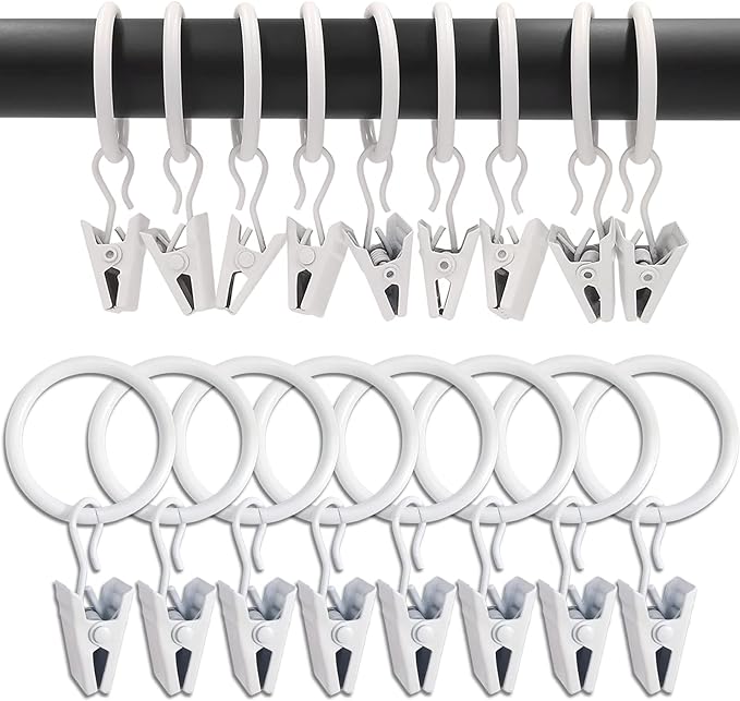 100 Pack White Curtain Rings with Clips, Curtain Hooks Hangers Clip Rings for Hanging Drapes Bows Hat, Drapery Rings 1 in I D, Fits up to 5/8 in Diameter Curtain Rod.