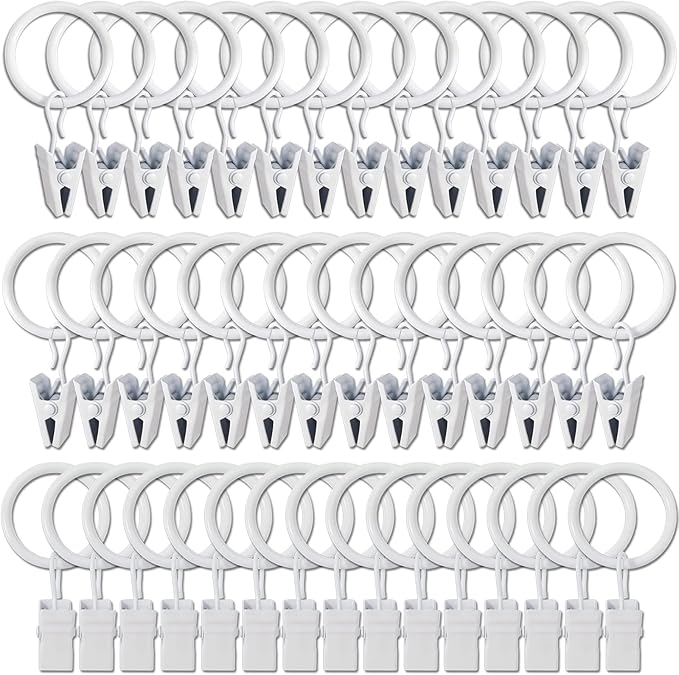 100 Pack White Curtain Rings with Clips, Curtain Hooks Hangers Clip Rings for Hanging Drapes Bows Hat, Drapery Rings 1 in I D, Fits up to 5/8 in Diameter Curtain Rod.