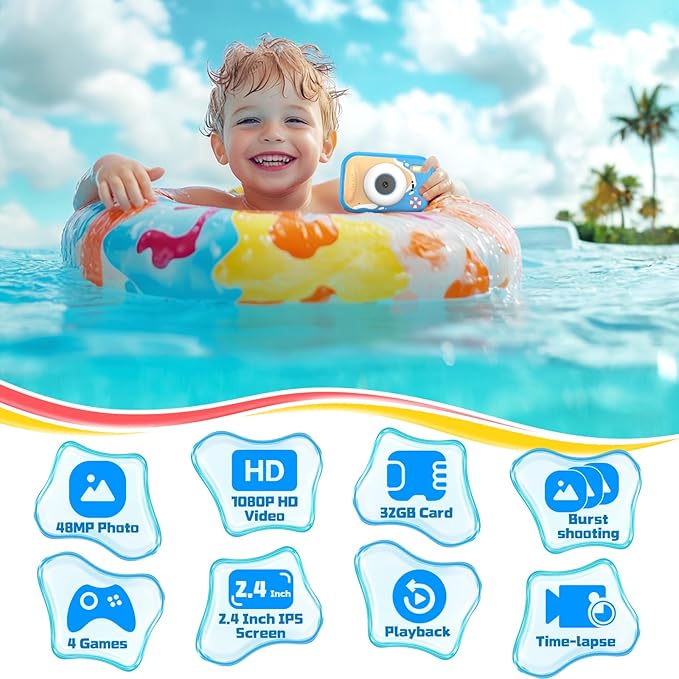 Kids Camera Waterproof, IP68 Underwater Camera for Kids Aged 3-12, HD Kids Digital Camera with 1080P Video Recording, Durable ABS Material, Pool Toys for Boys Girls with 32GB Card(Blue)