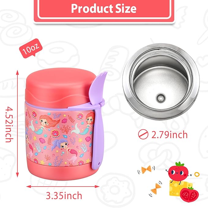 10oz Soup Thermo for Hot Food Kids,Lunch Thermo Kids Food Jar with Spoon Hot Insulated Food Containers,Leak Proof Stainless Steel Wide Mouth Lunch Food Thermo Jar for School(Pink-Mermaid)
