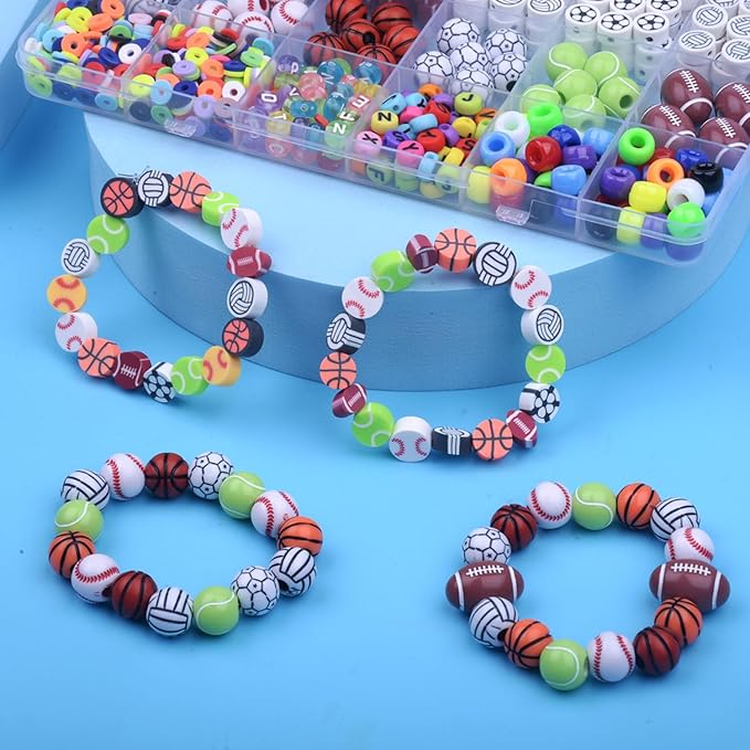 1000PCS Sports Ball Polymer Clay Beads Charms for Friendship Bracelets Making Kit Cute Fun Beads DIY Arts Crafts Birthday Gifts for Kids Girls Baseball Basketball Soccer Rugby Volleyball Football Bead