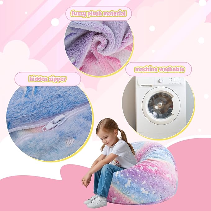 Kids Bean Bag Chair Turn into Beanbag Bed, Unicorn Toddler Bean Chair for Girl Boy Sleeping, Lazy Children Bean Bags with Filler, Convertible Child Floor Mattress, Colorful Rainbow