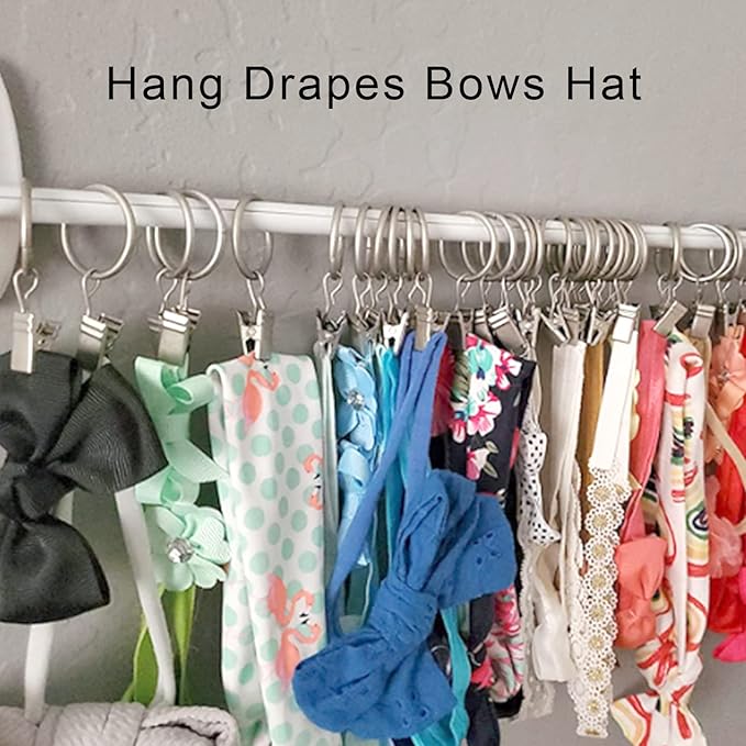 100 Pack Matte Silver Curtain Rings with Clips, Curtain Hooks Hangers Clip Rings for Hanging Drapes Bows Hat, Drapery Rings 1.26 in I D, Fits up to 1 in Diameter Curtain Rod.