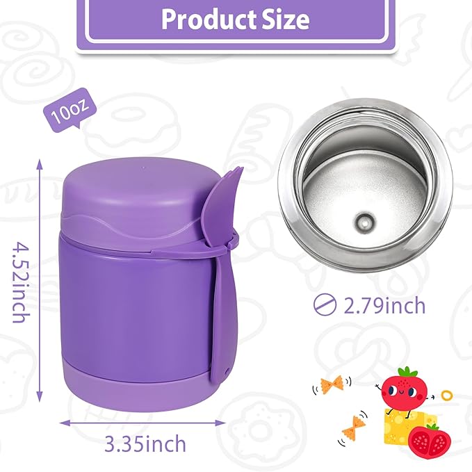 10oz Soup Thermo for Hot Food Kids,Lunch Thermo Kids Food Jar with Spoon Hot Insulated Food Containers,Leak Proof Stainless Steel Wide Mouth Lunch Food Thermo Jar for School(Purple)