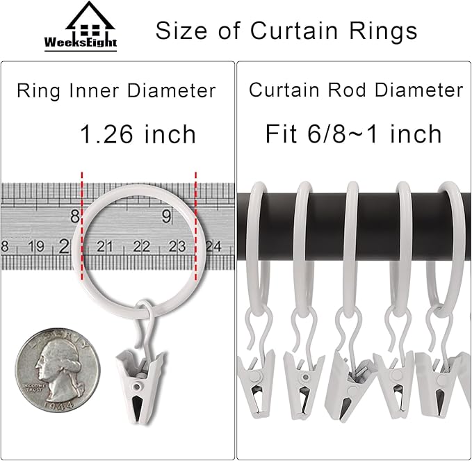 100 Pack White Curtain Rings with Clips, Curtain Hooks Hangers Clip Rings for Hanging Drapes Bows Hat, Drapery Rings 1.26 in I D, Fits up to 1 in Diameter Curtain Rod.