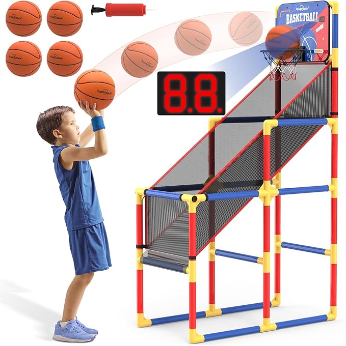 Kids Arcade Basketball Game with Electronic Scoreboard and Cheer Sounds, Indoor Outdoor Basketball Hoop with 4 Balls, Game Toy Gift for Ages 3-12 Boys and Girls
