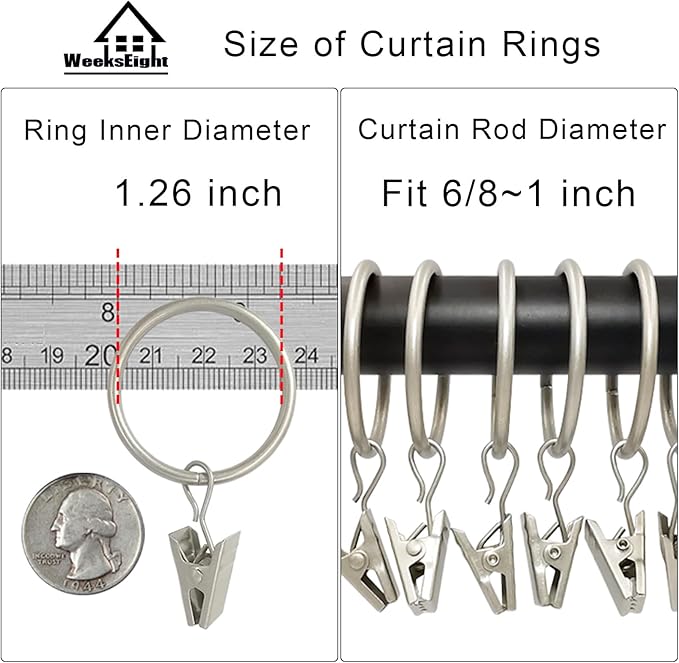 100 Pack Matte Silver Curtain Rings with Clips, Curtain Hooks Hangers Clip Rings for Hanging Drapes Bows Hat, Drapery Rings 1.26 in I D, Fits up to 1 in Diameter Curtain Rod.