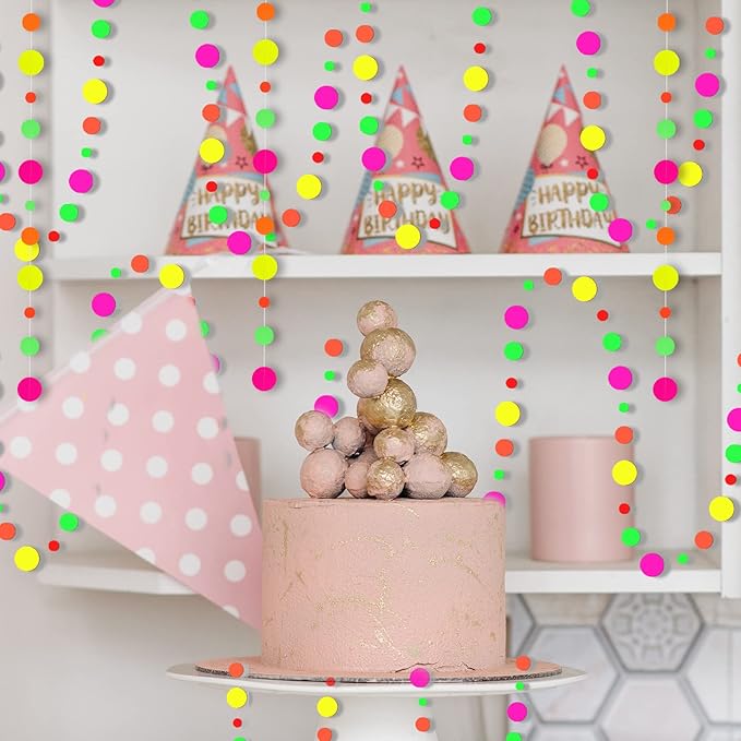 108feet Paper UV Round Dot Neon Garland Blacklight Reactive Glow in The Dark Party Supplies Streamers Glow Fluorescent Hanging Circle Dots Banners for Wedding Birthday Neon Party Decorations