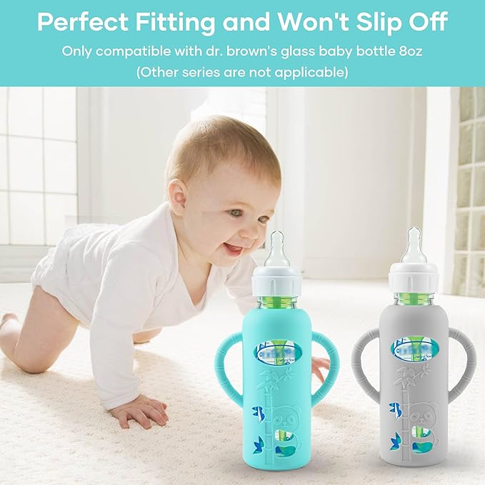 2 Pack Silicone Sleeves for Dr. Brown's Glass Baby Bottles, Anti Breakage Durable Baby Bottle Holder with Easy Grip Handles, Narrow Sleeve with a Cutout, Dishwasher/Freezer/Microwave Safe, 8 oz