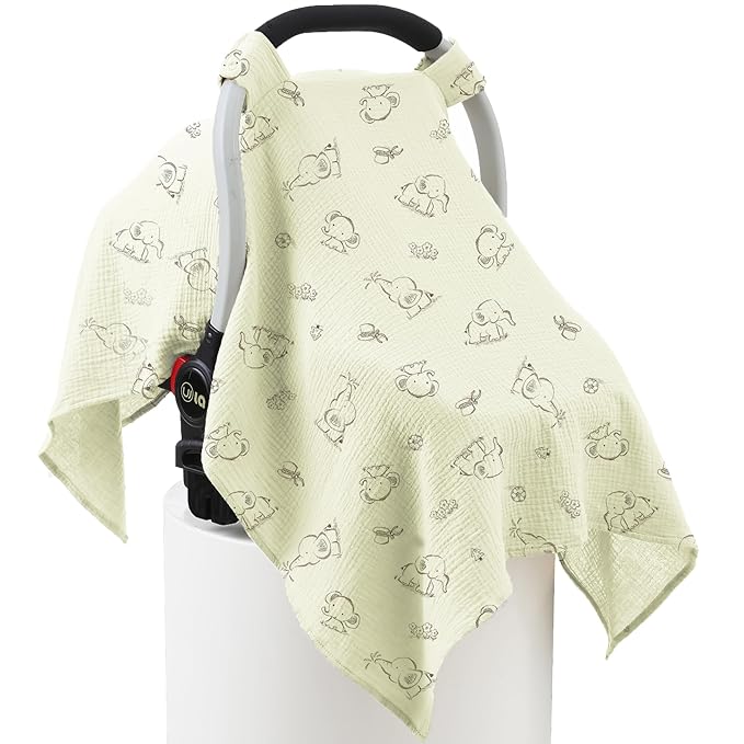 100% Muslin Cotton Car Seat Cover Baby, Carseat Canopy Cover, Universal Fit Stroller Covers for Boys and Girls (Cute Elephant)