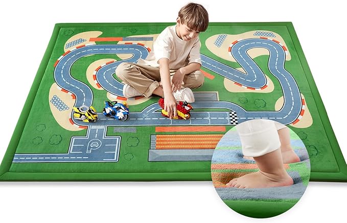1.3" Thick Educational Baby Floor Play Mat 79x118, Basic Padded Memory Foam Kids Mat, Large Non-Slip Plush Playmat for Nursery Playroom Classroom (Race Track)