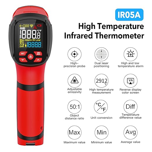 -40℉~2912℉ MESTEK Infrared Thermometer Temperature Gun,50:1 Dual Laser High Temp Thermometer with Thermocouple Probe, Non-Contact Industrial Pyrometer for Engine, Kiln, Forging,Humidity Measurement